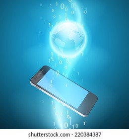 Stream of binary code with mobile phone. EPS10 vector background.