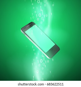 Stream of binary code with mobile phone. EPS10 vector green background.