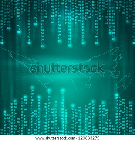 Stream of binary code to world map. EPS10 vector background.