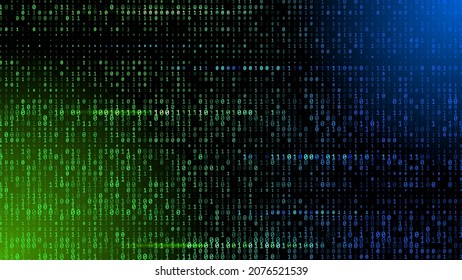 Ein Stream von binärem Matrix-Code auf dem Bildschirm. Nummern der Computermatrix. Das Konzept der Codierung, Hacker oder Mining von Kryptowährung Bitcoin. Vektorgrafik