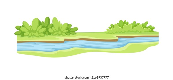 Stream as Body of Surface Water Flowing Among Banks of Channel Vector Illustration