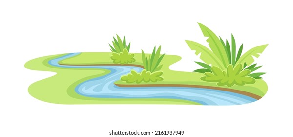 Stream as Body of Surface Water Flowing Among Banks of Channel Vector Illustration