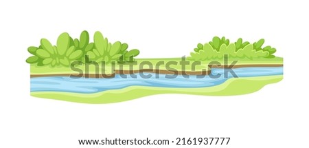 Stream as Body of Surface Water Flowing Among Banks of Channel Vector Illustration