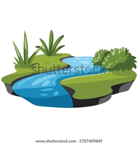 Stream body surface water flowing banks channel vector illustration isolated on white background