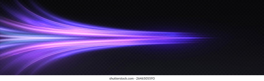 A stream of bright purple light with the effect of acceleration and breaking through space. Dynamic energy of movement on a dark background.
