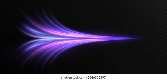 A stream of bright purple light with the effect of acceleration and breaking through space. Dynamic energy of movement on a dark background.