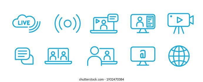 Stream broadcast online meeting icon. Set of live streaming icons. Set of Live broadcasting icons. Button, blue symbols for news, TV, movies, shows. Vector