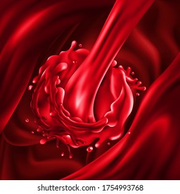 Stream of cherry juice pours into red liquid waves