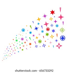 Stream of confetti stars icons. Vector illustration style is flat bright multicolored iconic confetti stars symbols on a white background. Object fountain made from pictograms.
