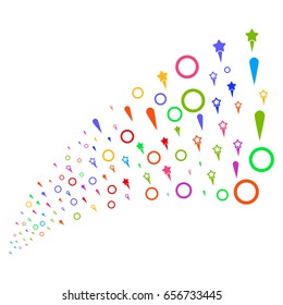 Stream of confetti stars icons. Vector illustration style is flat bright multicolored iconic confetti stars symbols on a white background. Object fountain combined from design elements.
