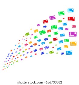 Stream of credit card icons. Vector illustration style is flat bright multicolored iconic credit card symbols on a white background. Object fountain done from pictograms.
