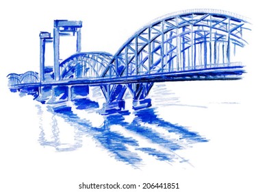 Stream crossing bridge hand drawing illustrations on white