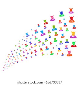 Stream of devil symbols. Vector illustration style is flat bright multicolored iconic devil symbols on a white background. Object fountain done from design elements.