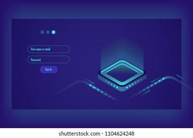 Stream of encoded data. Isometric information technologies. Big data representation. Graphic concept of hi tech ultraviolet
