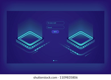 Stream of encoded data. Isometric information technologies. Big data representation. Graphic concept of hi tech ultraviolet