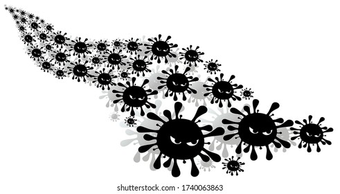 Stream of evil covid-19 in cartoon style. Black coronavirus on a white background. EPS10 vector illustration