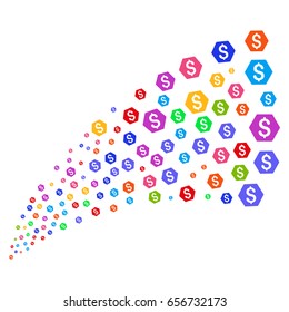 Stream of finance icons. Vector illustration style is flat bright multicolored iconic finance symbols on a white background. Object fountain created from pictograms.