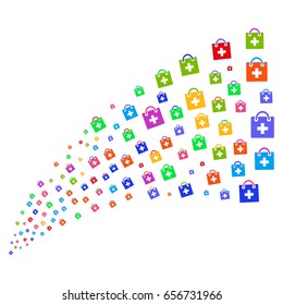 Stream of first aid kit symbols. Vector illustration style is flat bright multicolored iconic first aid kit symbols on a white background. Object fountain done from pictographs.