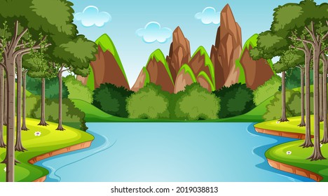 Stream flowing through the forest scene with mountain background illustration
