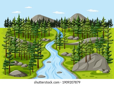 Stream in the forest nature landscape scene illustration