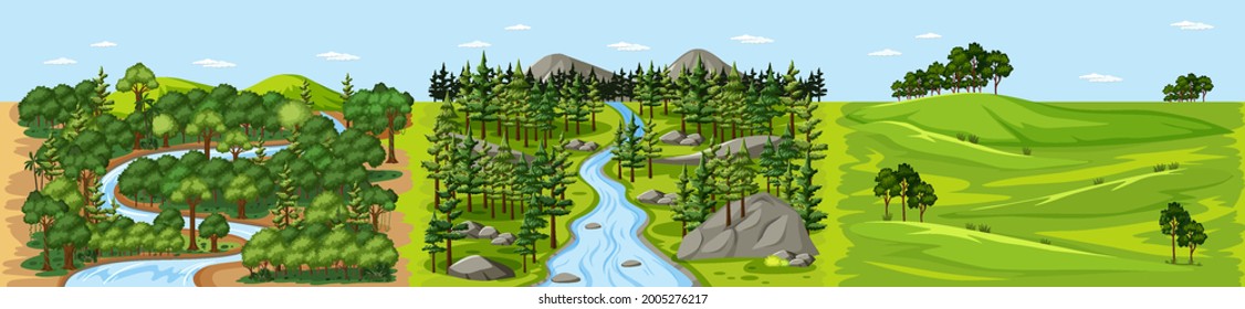 Stream in forest nature landscape scene illustration