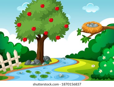 Stream in the forest scene with apple tree illustration