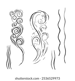 A stream of fragrance and smoke. Vector graphics depicting warm steam. A smell sign, lines that emphasize the smells of cigarettes or food, hot drinks. A hand-drawn illustration. On a white background