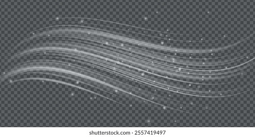 Stream of fresh wind png. Imitation of the exit of cold air from the air conditioner. Cold winter wind texture. Holiday vector blizzard. Christmas effect of a cold blizzard. Vector PNG.