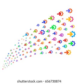Stream of gear integration icons. Vector illustration style is flat bright multicolored iconic gear integration symbols on a white background. Object fountain combined from pictograms.