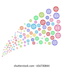 Stream of globe icons. Vector illustration style is flat bright multicolored iconic globe symbols on a white background. Object fountain created from icons.