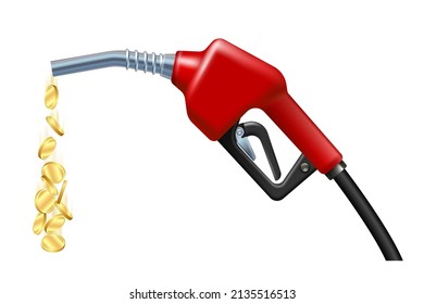 Stream of gold coins pours from the Fuel handle pump nozzle with hose. Petrol price icon. Expensive fuel concept. Vector illustration.