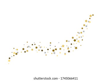 Stream from gold and silver stars. Starry a white background. Vignette of star confetti. 