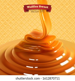 Stream of golden caramel on a waffle yellow background. High detailed realistic illustration.