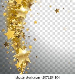 stream of golden and shiny stars on a transparent background