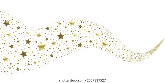 stream of golden stars and golden particles on white background