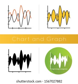 Stream graph icon. Seismic chart. Amplitudes and motion waves. Radiation curve diagram. Science research and report. Flat design, linear and color styles. Isolated vector illustrations