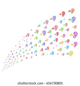 Stream of hearing icons. Vector illustration style is flat bright multicolored iconic hearing symbols on a white background. Object fountain created from symbols.