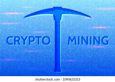 A stream of hexadecimal code on background. The concept of coding and mining of crypto-currency. Abstract mining concept with pickaxe and computer code. Illustration vector.