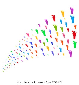 Stream of human footprint symbols. Vector illustration style is flat bright multicolored iconic human footprint symbols on a white background. Object fountain made from icons.