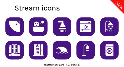 stream icon set. 10 filled stream icons.  Collection Of - Shower, Youtube, Waterfall, Wave, Media player