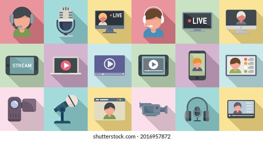 Stream icons set flat vector. Live streaming. Video watch