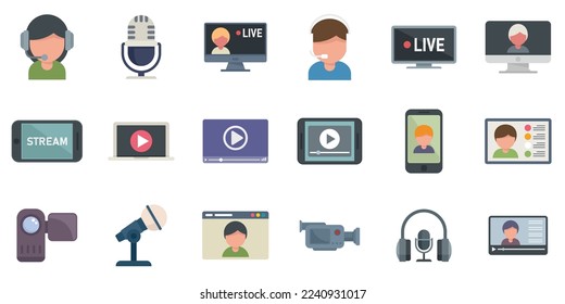 Stream icons set flat vector. Live streaming. Video watch isolated