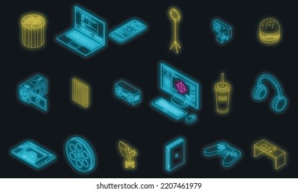 Stream icons set. Isometric set of stream vector icons neon color on black