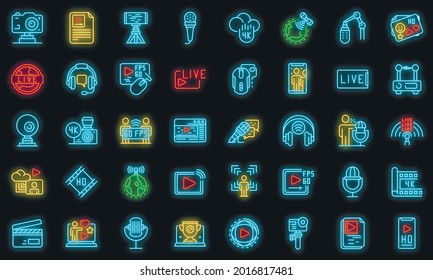 Stream icons set. Outline set of stream vector icons neon color on black
