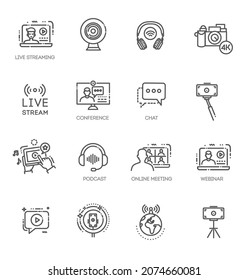 Stream icons set. Outline set of stream vector icons for web design isolated on white background