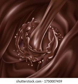 Stream of liquid chocolate pours into dark chocolate waves