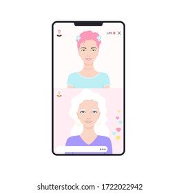 Stream live on the smartphone screen. Bloggers communicate together live. Two women are recording an interview on the social network. Vector illustration isolated on white background