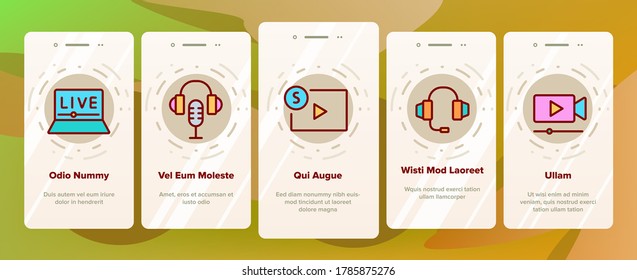 Stream Live Video Onboarding Mobile App Page Screen Vector. Internet Online Play Game Stream, Earphones And Microphone, Streaming Web Site Illustrations