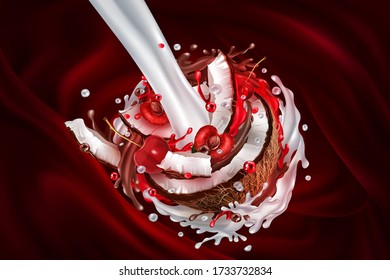 Stream of milk and coconut with cherries in cherry juice.