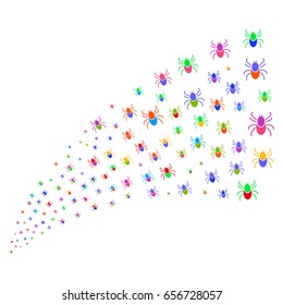 Stream of mite icons. Vector illustration style is flat bright multicolored iconic mite symbols on a white background. Object fountain done from icons.